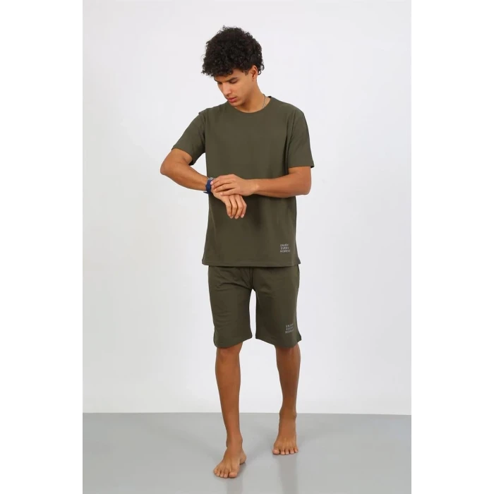 Giyim Erkek Pamuk Lakost Alt Üst Kaprili Pijama Takım Haki