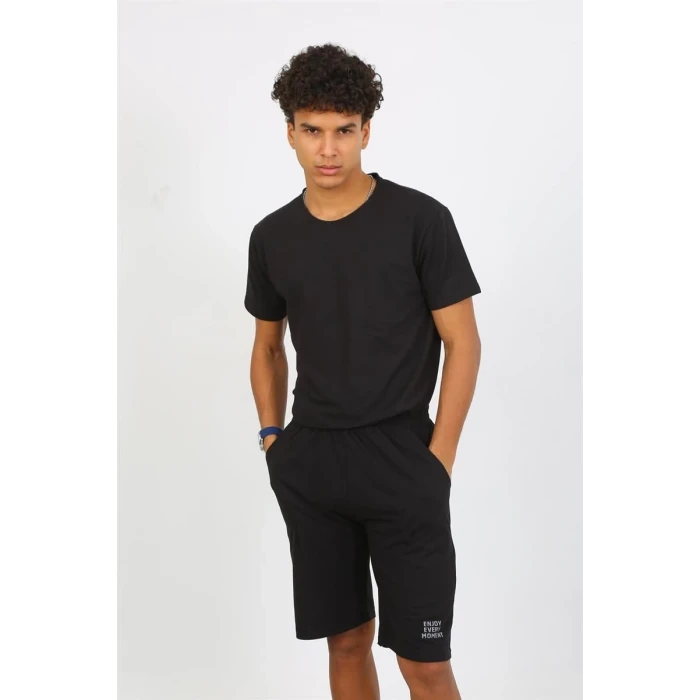 Giyim Erkek Pamuk Lakost Alt Üst Kaprili Pijama Takım Siyah