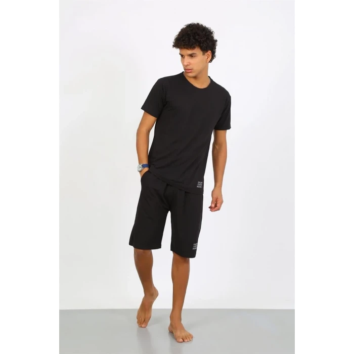 Giyim Erkek Pamuk Lakost Alt Üst Kaprili Pijama Takım Siyah