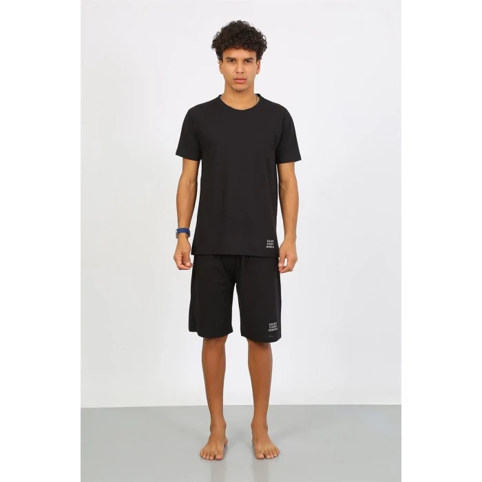 Giyim Erkek Pamuk Lakost Alt Üst Kaprili Pijama Takım Siyah