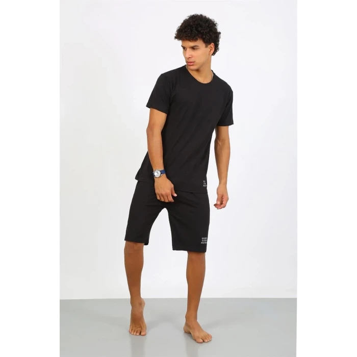 Giyim Erkek Pamuk Lakost Alt Üst Kaprili Pijama Takım Siyah