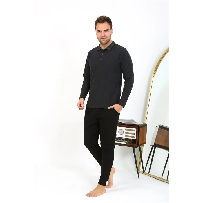 Giyim Erkek Polo Yaka Uzun Kol Penye Pijama Takımı Antrasit
