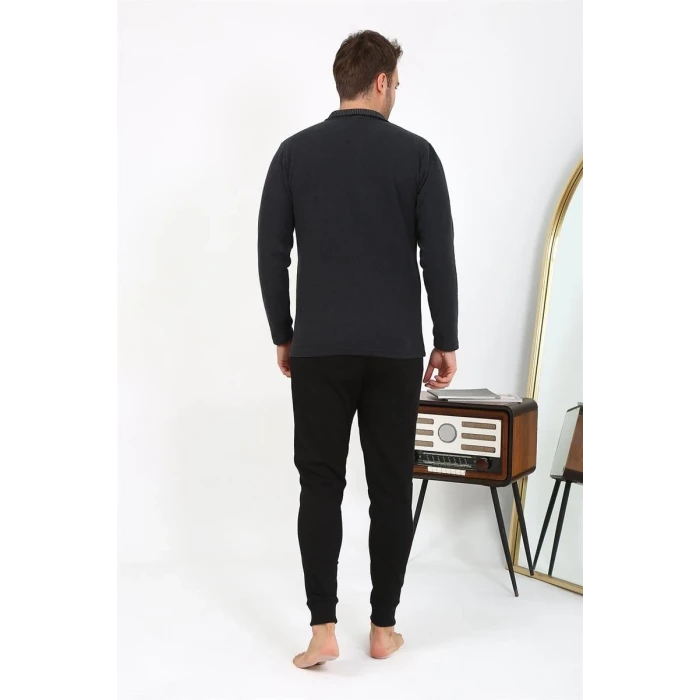 Giyim Erkek Polo Yaka Uzun Kol Penye Pijama Takımı Antrasit