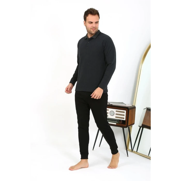 Giyim Erkek Polo Yaka Uzun Kol Penye Pijama Takımı Antrasit