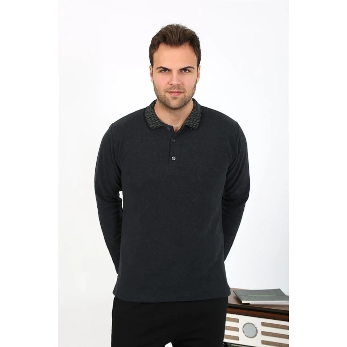 Giyim Erkek Polo Yaka Uzun Kol Penye Pijama Takımı Antrasit