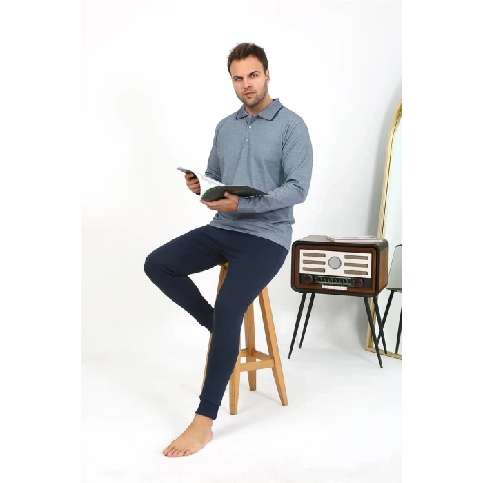 Giyim Erkek Polo Yaka Uzun Kol Penye Pijama Takımı Gri