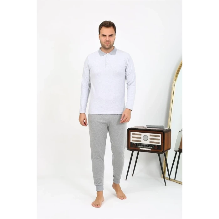 Giyim Erkek Polo Yaka Uzun Kol Penye Pijama Takımı Gri