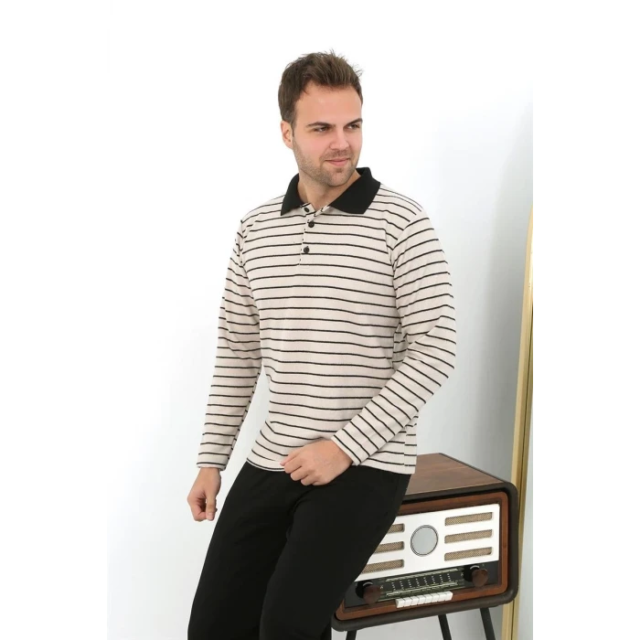 Giyim Erkek Polo Yaka Uzun Kol Penye Pijama Takımı Krem