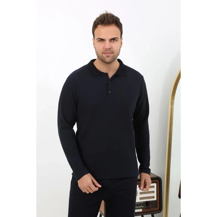 Giyim Erkek Polo Yaka Uzun Kol Penye Pijama Takımı Lacivert