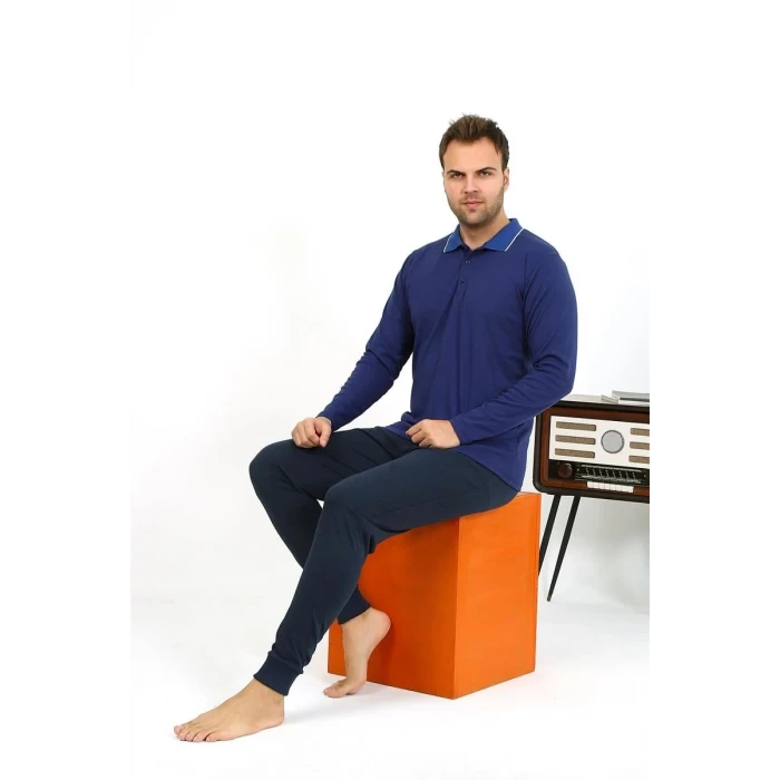 Giyim Erkek Polo Yaka Uzun Kol Penye Pijama Takımı Lacivert