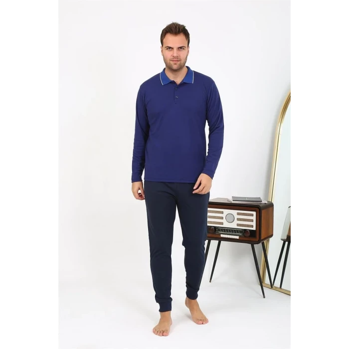 Giyim Erkek Polo Yaka Uzun Kol Penye Pijama Takımı Lacivert