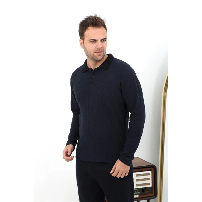 Giyim Erkek Polo Yaka Uzun Kol Penye Pijama Takımı Lacivert