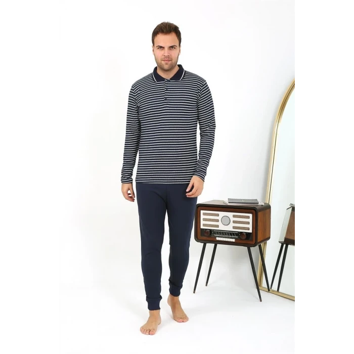 Giyim Erkek Polo Yaka Uzun Kol Penye Pijama Takımı Lacivert