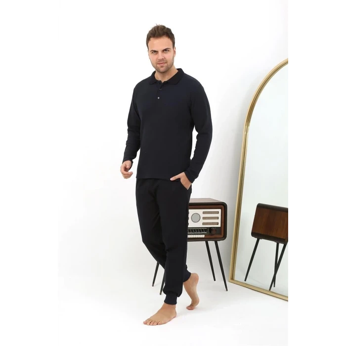 Giyim Erkek Polo Yaka Uzun Kol Penye Pijama Takımı Lacivert