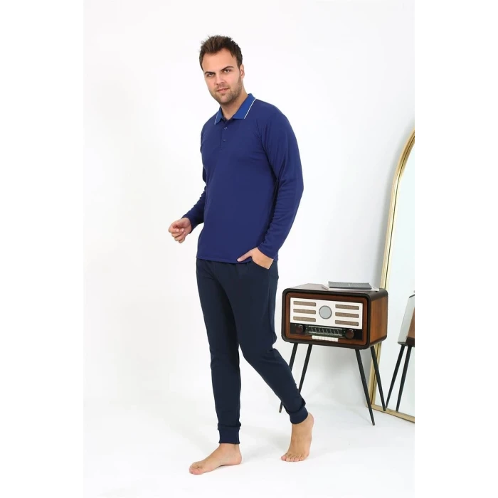 Giyim Erkek Polo Yaka Uzun Kol Penye Pijama Takımı Lacivert