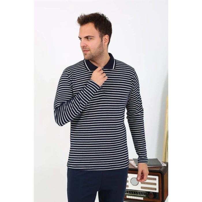 Giyim Erkek Polo Yaka Uzun Kol Penye Pijama Takımı Lacivert