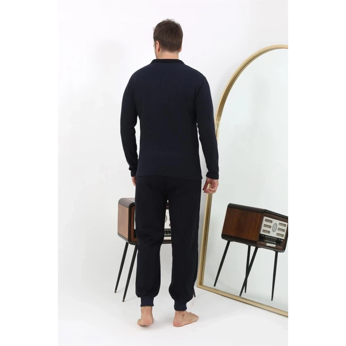 Giyim Erkek Polo Yaka Uzun Kol Penye Pijama Takımı Lacivert