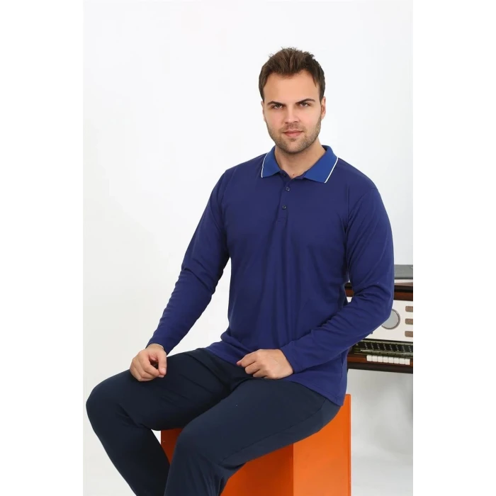 Giyim Erkek Polo Yaka Uzun Kol Penye Pijama Takımı Lacivert