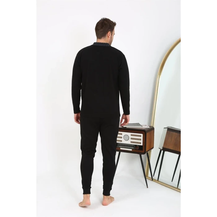 Giyim Erkek Polo Yaka Uzun Kol Penye Pijama Takımı Siyah