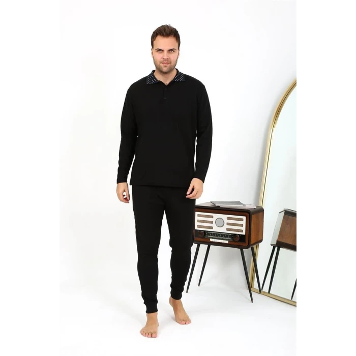 Giyim Erkek Polo Yaka Uzun Kol Penye Pijama Takımı Siyah