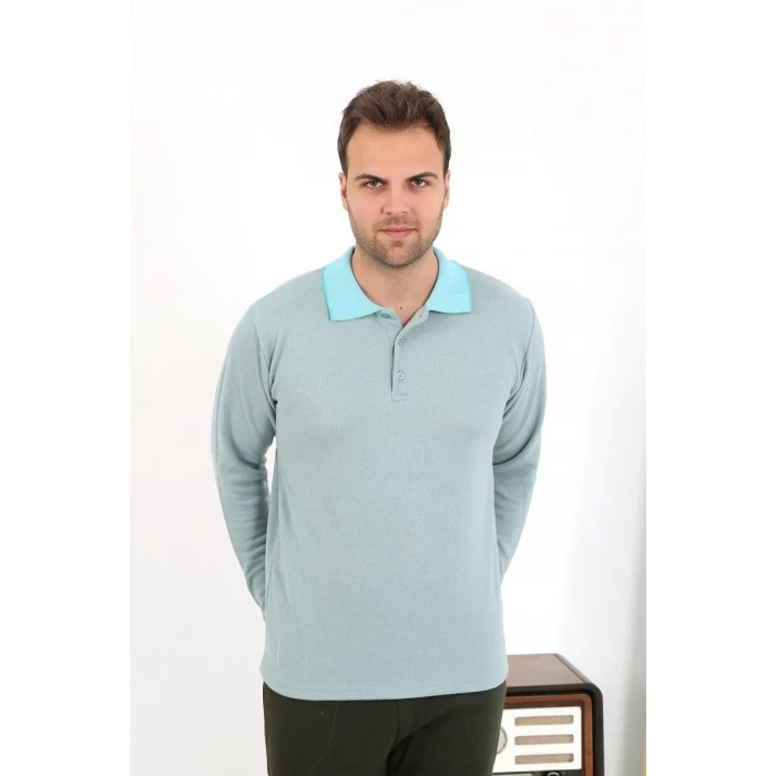 Giyim Erkek Polo Yaka Uzun Kol Penye Pijama Takımı Su Yeşili