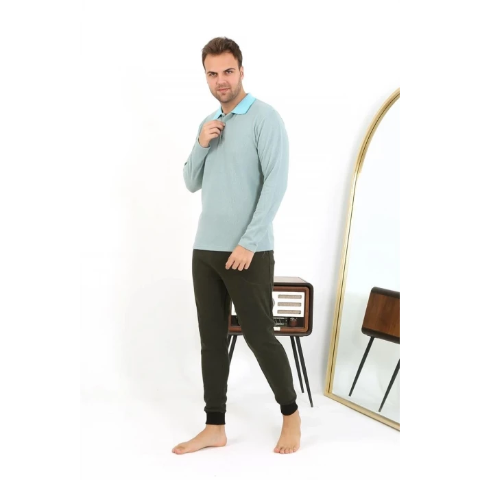 Giyim Erkek Polo Yaka Uzun Kol Penye Pijama Takımı Su Yeşili