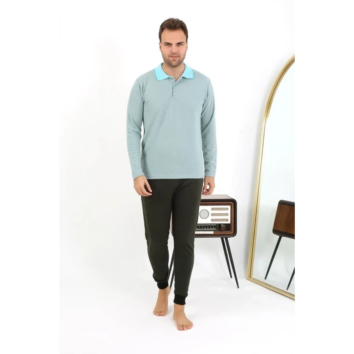Giyim Erkek Polo Yaka Uzun Kol Penye Pijama Takımı Su Yeşili