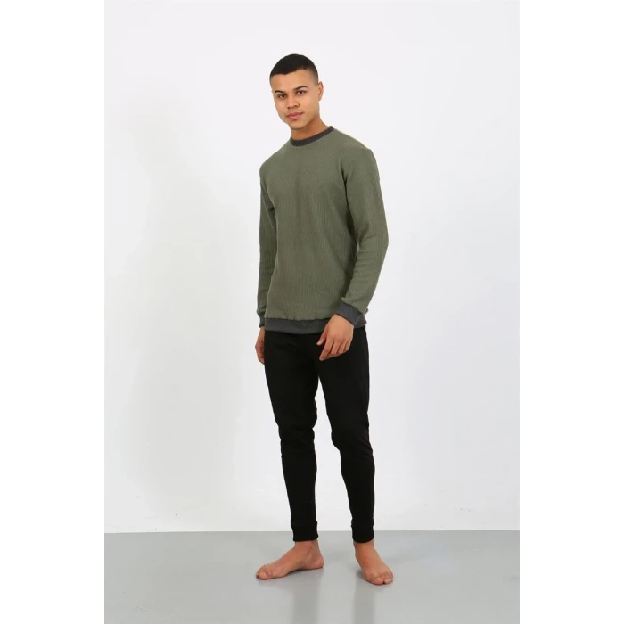 Giyim Erkek Uzun Kol Manşetli Paça Penye Pijama Takımı Haki
