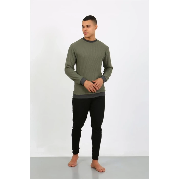 Giyim Erkek Uzun Kol Manşetli Paça Penye Pijama Takımı Haki