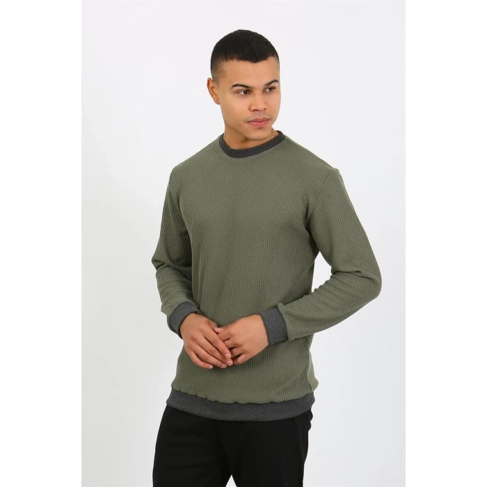 Giyim Erkek Uzun Kol Manşetli Paça Penye Pijama Takımı Haki