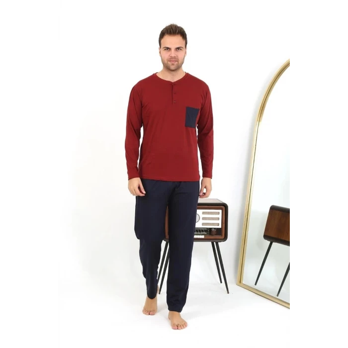 Giyim Erkek Uzun Kol Penye Bordo Pijama Takımı