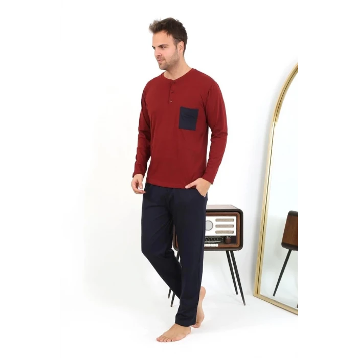 Giyim Erkek Uzun Kol Penye Bordo Pijama Takımı