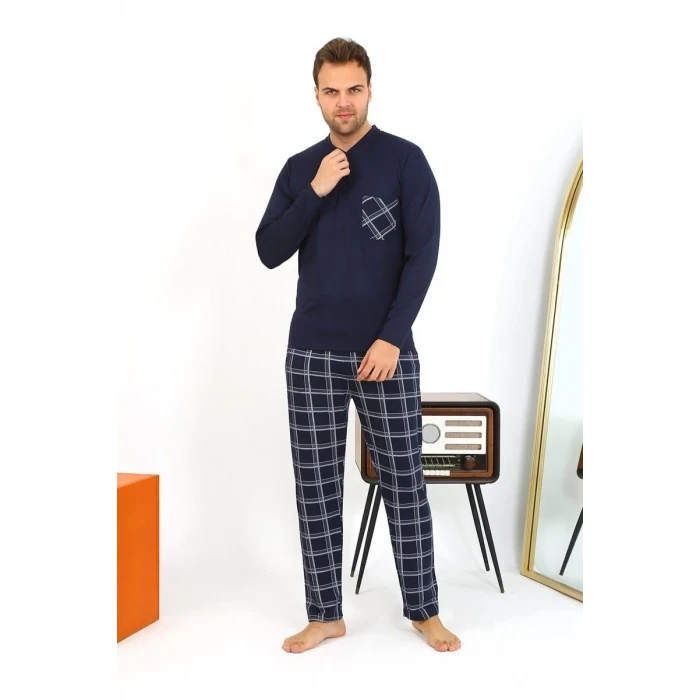 Giyim Erkek Uzun Kol Penye Lacivert Pijama Takımı