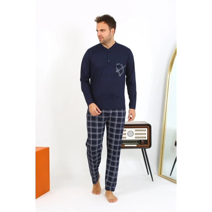 Giyim Erkek Uzun Kol Penye Lacivert Pijama Takımı