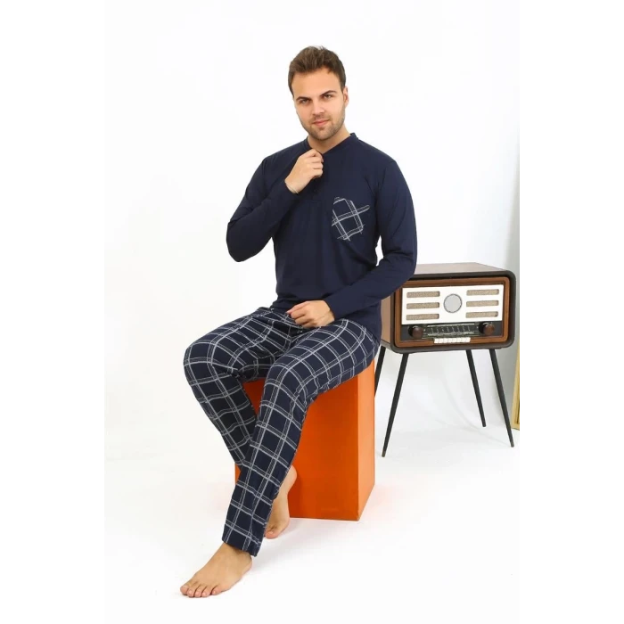 Giyim Erkek Uzun Kol Penye Lacivert Pijama Takımı