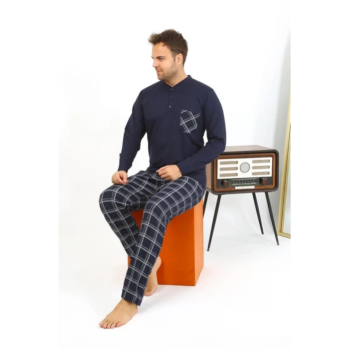 Giyim Erkek Uzun Kol Penye Lacivert Pijama Takımı