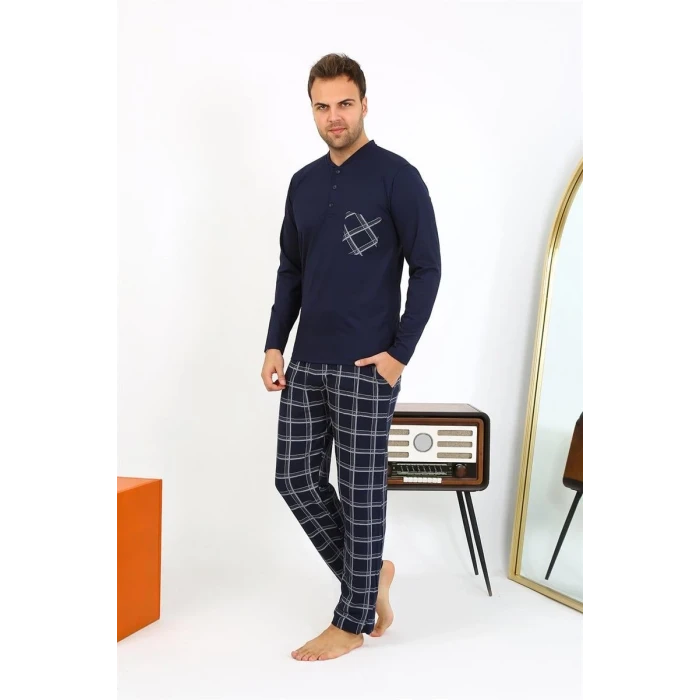 Giyim Erkek Uzun Kol Penye Lacivert Pijama Takımı