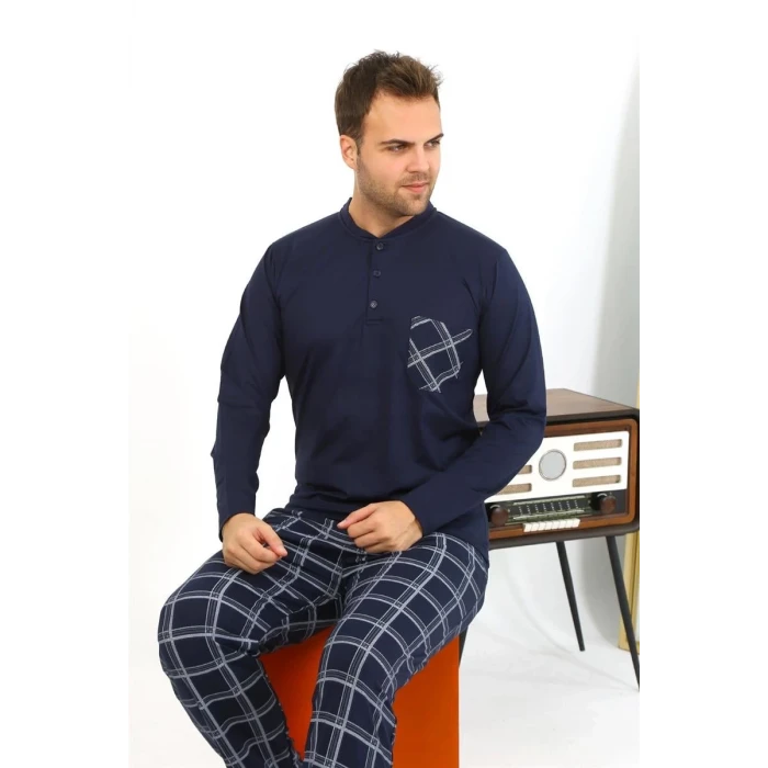 Giyim Erkek Uzun Kol Penye Lacivert Pijama Takımı
