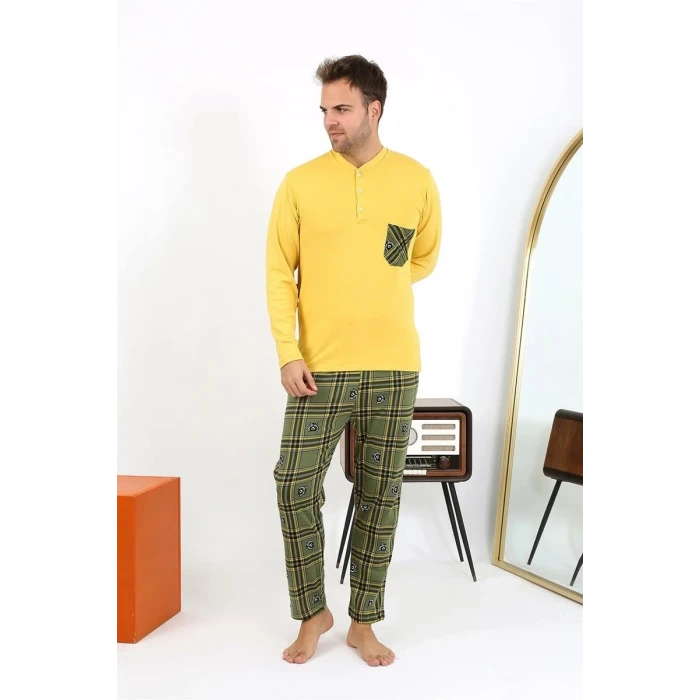 Giyim Erkek Uzun Kol Penye Sarı Pijama Takımı