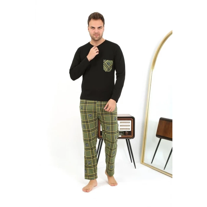 Giyim Erkek Uzun Kol Penye Siyah Pijama Takımı