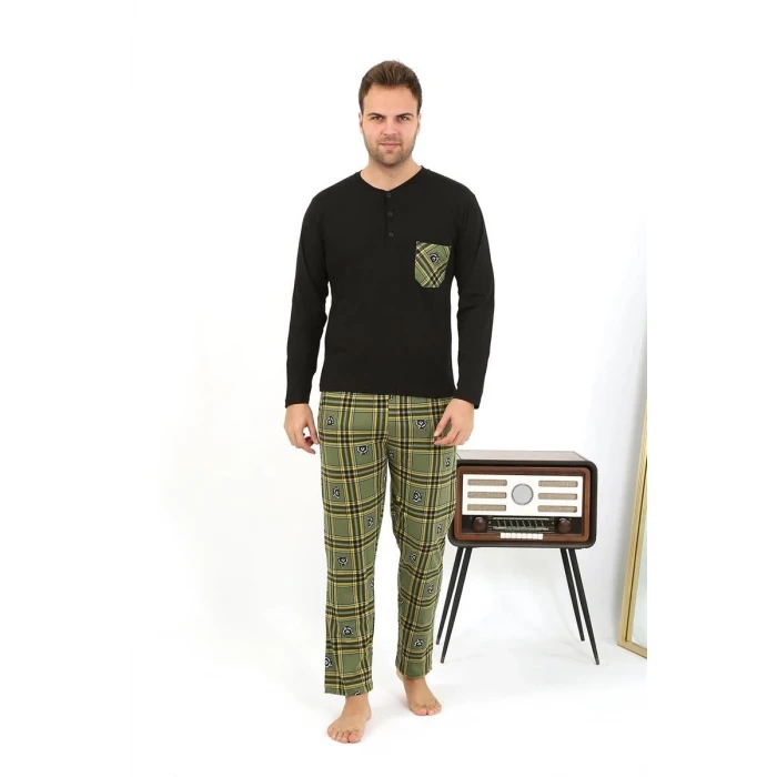 Giyim Erkek Uzun Kol Penye Siyah Pijama Takımı