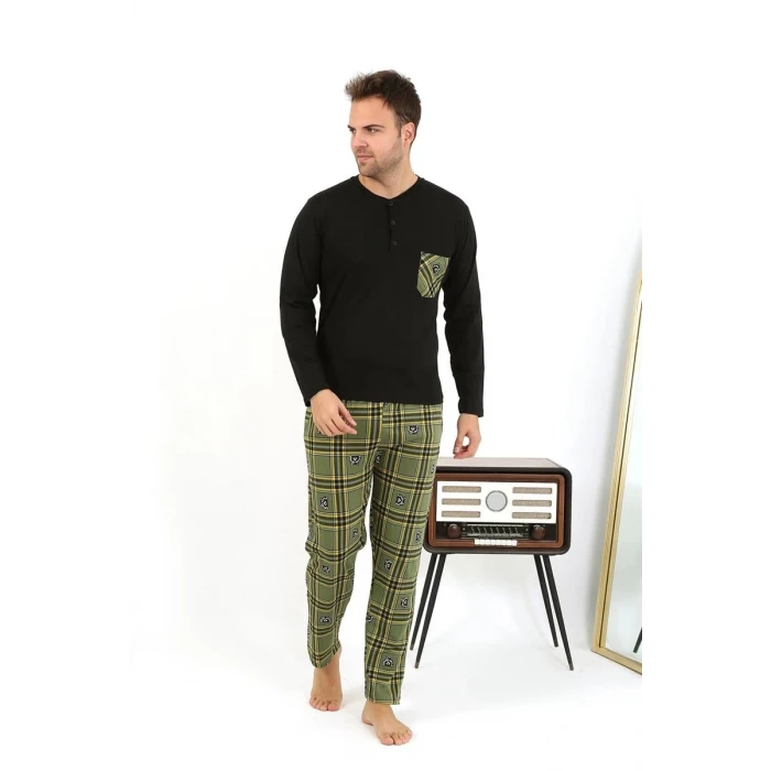 Giyim Erkek Uzun Kol Penye Siyah Pijama Takımı