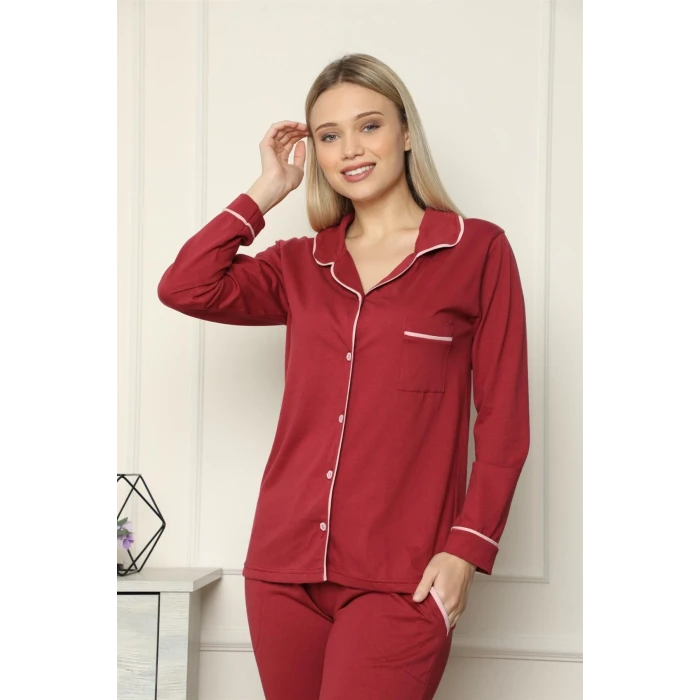 Giyim Kadın %100 Pamuk Penye Önden Düğmeli Uzun Kol Pijama Takım Bordo