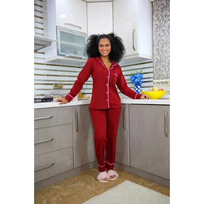 Giyim Kadın %100 Pamuk Penye Önden Düğmeli Uzun Kol Pijama Takım Bordo