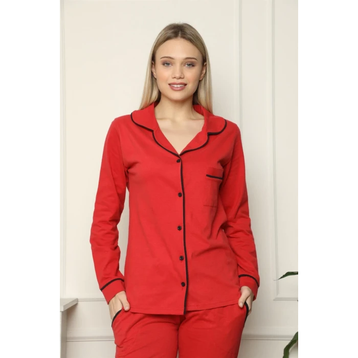 Giyim Kadın %100 Pamuk Penye Önden Düğmeli Uzun Kol Pijama Takım Kırmızı