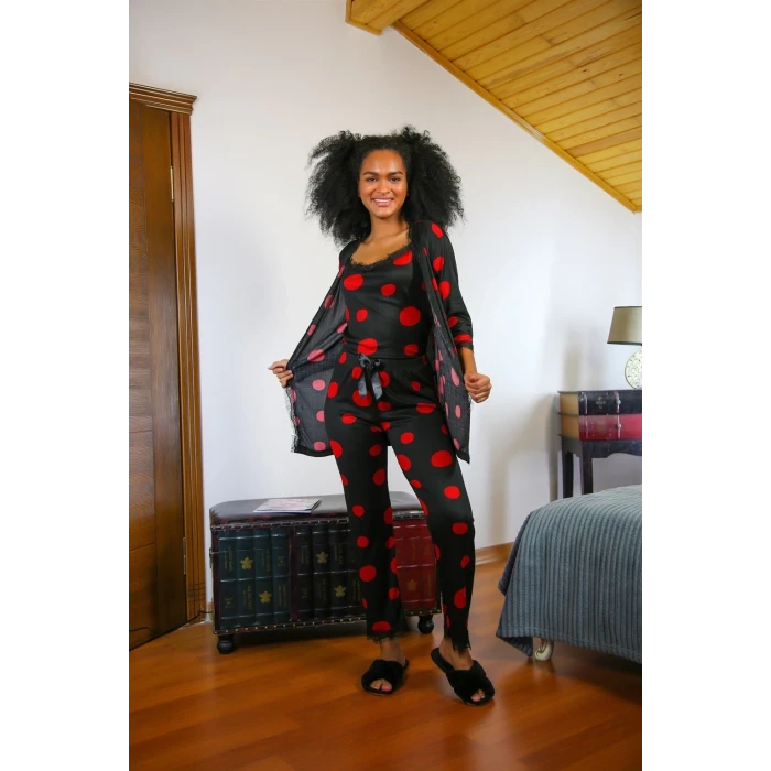 Giyim Kadın 3lü Sabahlık Pijama Takım Siyah