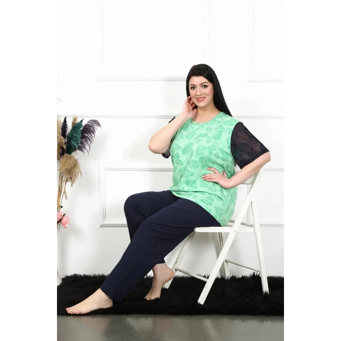 Giyim Kadın 5XL-6XL-7XL-8XL Büyük Beden Kısa Kol Pijama Takım Yeşil