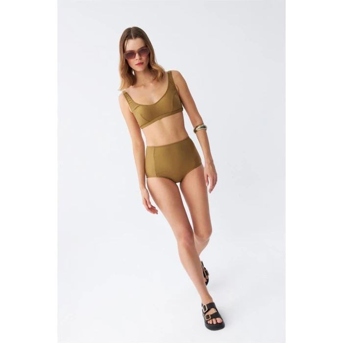 Giyim Kadın Basic Hardal Pedli Yüksek Bel Bikini Takımı