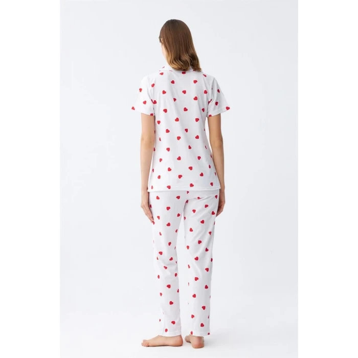 Giyim Kadın Beyaz Kırmızı Kalpli Önden Düğmeli Pijama Takımı