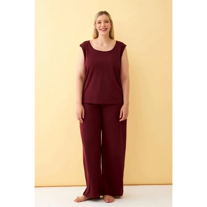 Giyim Kadın Bordo Büyük Beden Penye Alt Üst Takım